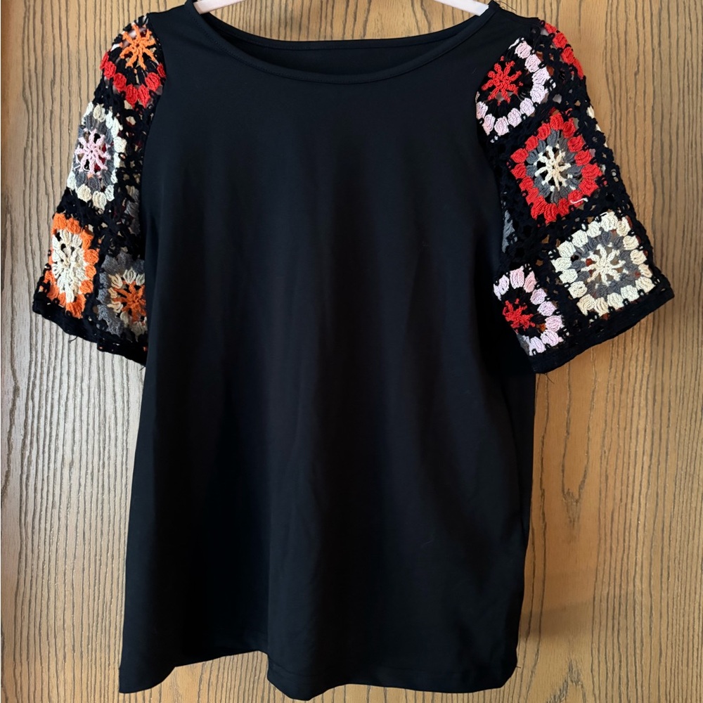Black Crochet Sleeve Women's Top